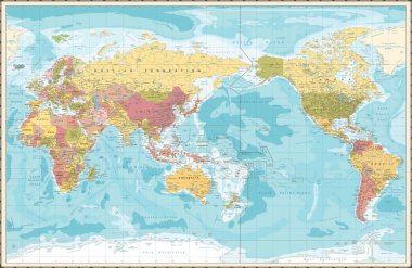 World Map Vintage Color Pacific Centred. Detailed Vector Illustration of Pacific Centered Political World Map Vintage Color. clipart