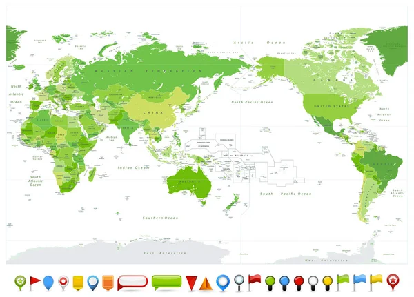 Barevný Svět Mapa Pacific Střed Přímé Zelené Barvy Lesklý Mapa — Stockový vektor