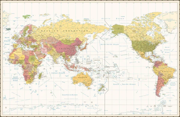World Map Retro Color Pacific Centred. Detailed Vector Illustration of Pacific Centered Political World Map Retro Color.