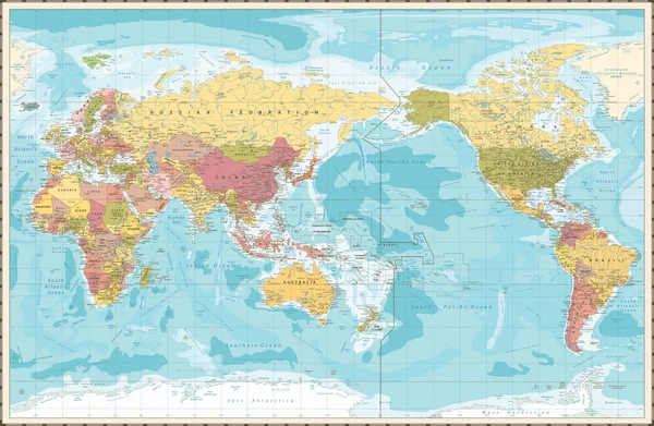 Ukierunkowane Pacific Vintage Kolor Mapę Świata Szczegółowe Wektor Ilustracja Pacyfiku — Wektor stockowy