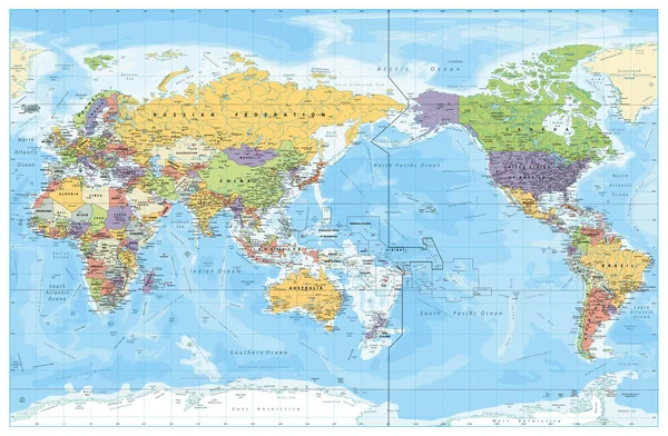 Pacific Centred World Political Map Pays Capitales Villes Frontières Objets — Image vectorielle