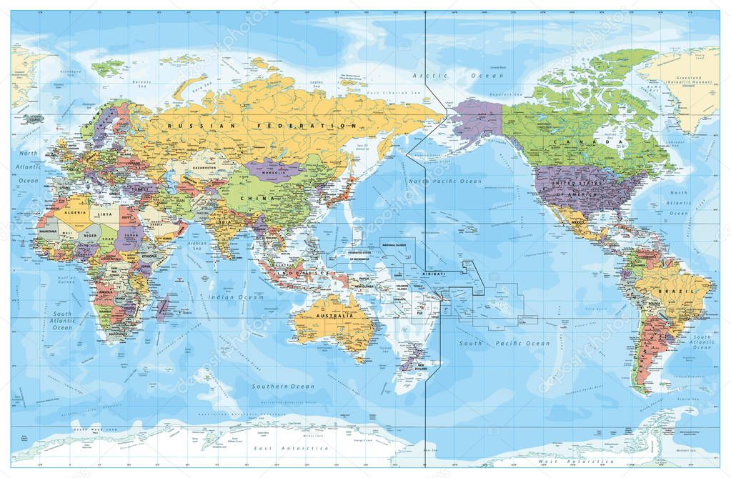 Pacific Centred World Political Map. Countries and capitals, cities, borders and water objects, state outline. Detailed World Map vector illustration.