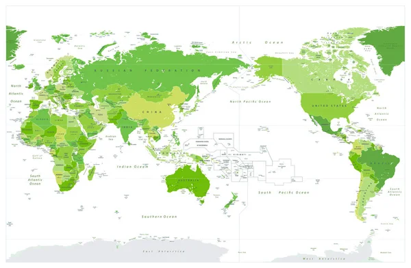 色の世界地図太平洋中央緑色のスポット カラー — ストックベクタ