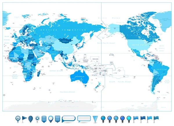 Pacific Centered World Map Colors Blue Glossy Map Icons Inglés — Vector de stock