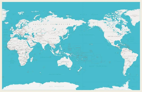 World Map Pacific Centered Old Colors Borders Countries Cities Detailed — Stock Vector