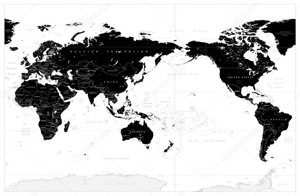 World Map Black Color Pacific Centered. Detailed World Map Vector illustration.