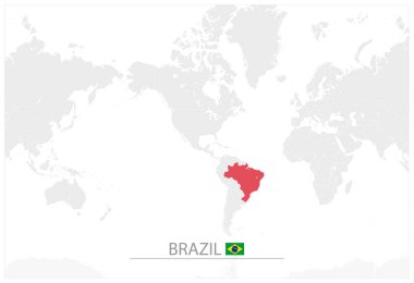 Dünya harita Brezilya tanımlaması. Brezilya Haritası. Amerika merkezli Dünya Haritası bir gri tonlama renk.