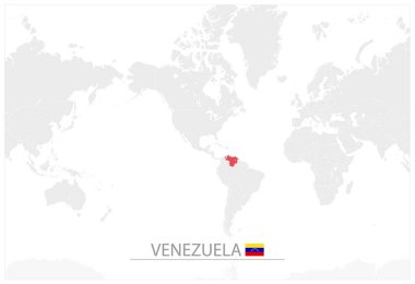 Dünya harita Venezuela tanımlaması. Venezuela Haritası. Amerika merkezli Dünya Haritası bir gri tonlama renk.