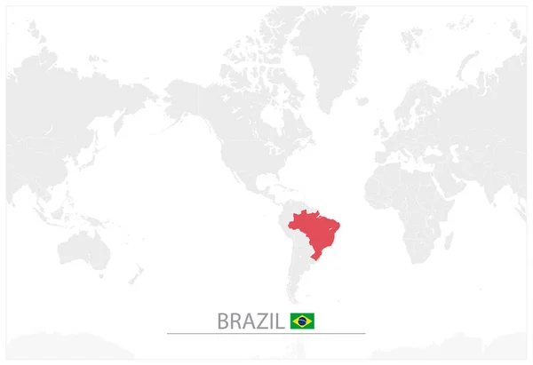 ブラジルの識別と世界地図 ブラジルの地図 グレースケール色のアメリカ中心世界地図 — ストックベクタ