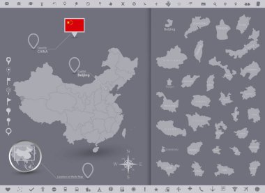 China map and flag with regions clipart
