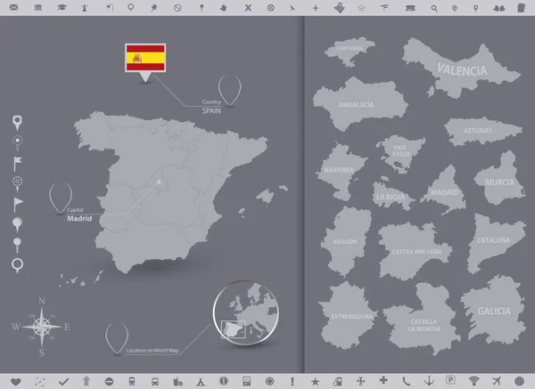 Испания Карта Флаг Регионами Высокодетальная Векторная Иллюстрация — стоковый вектор