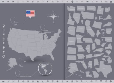 USA map and flag with regions. High Detailed Vector Illustration. clipart