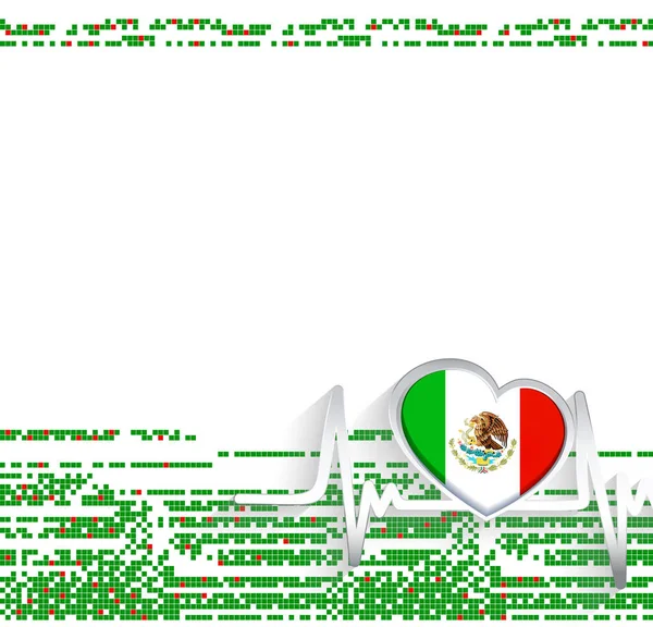 メキシコ愛国的背景 メキシコの国旗ハート型とハートビートライン ベクターイラスト — ストックベクタ