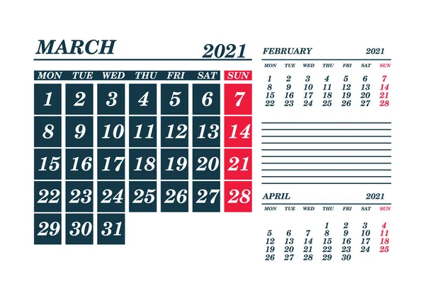 2021 March Calendar Planner Template Mock Vector Illustration Stock Vector