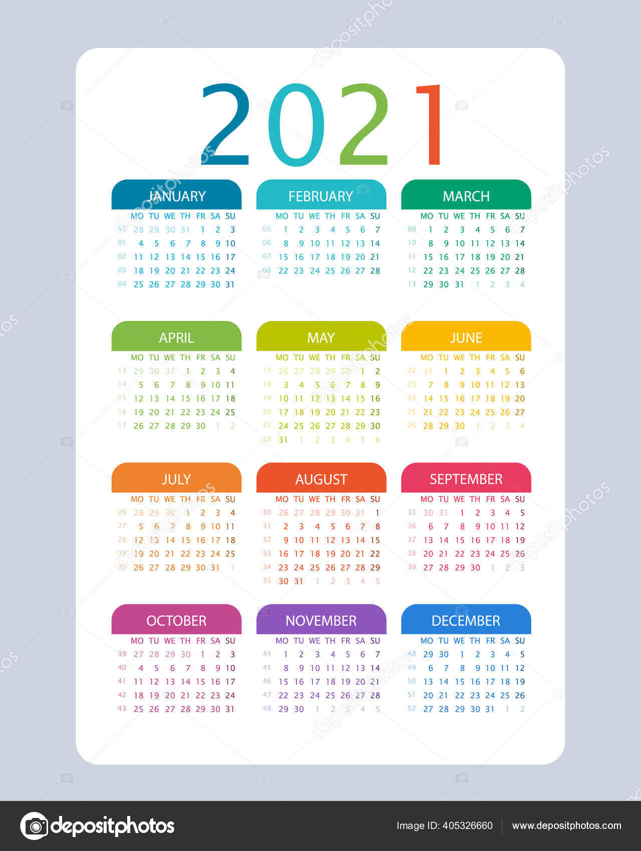 Klik smaak Houden 2021 Year Calendar Colorful Vector Week Starts Monday Week Numbers Stock  Vector by ©Livenart 405326660