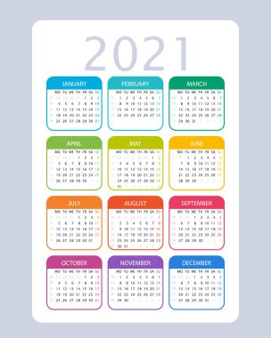 2021 Takvimi. İngilizce-Amerikan versiyonu. Hafta pazartesi başlıyor. Haftalık Numaralar. Vektör takvim tasarım şablonu.