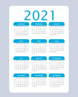 2021 Yıllık Takvim Sistemi. Mavi renk. Hafta pazartesi başlıyor. Haftalık Numaralar. Vektör takvim tasarım şablonu. Beyazda izole edilmiş.