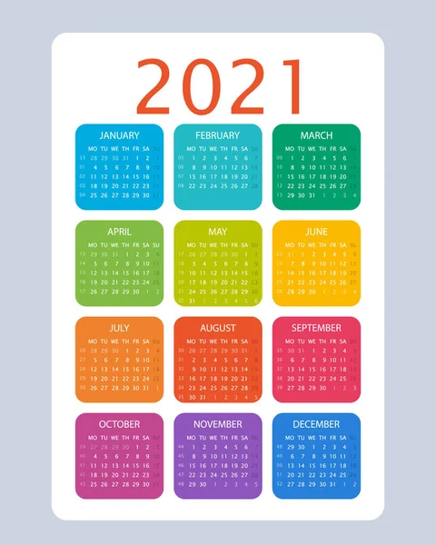 2021 Års Kalender Färgstark Vektordesign Veckan Börjar Måndag Vecka Nummer — Stock vektor