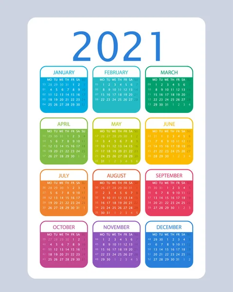 2021 Kalender Vektor Illustration Veckan Börjar Måndag Vecka Nummer Mall — Stock vektor