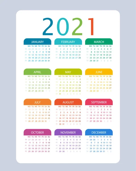 2021 Års Kalender Färgstark Vektor Veckan Börjar Måndag Vecka Nummer — Stock vektor
