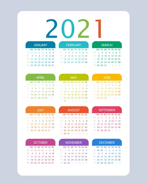 Calendario 2021 Años Colorido Vector Semana Comienza Lunes Números Semana — Archivo Imágenes Vectoriales