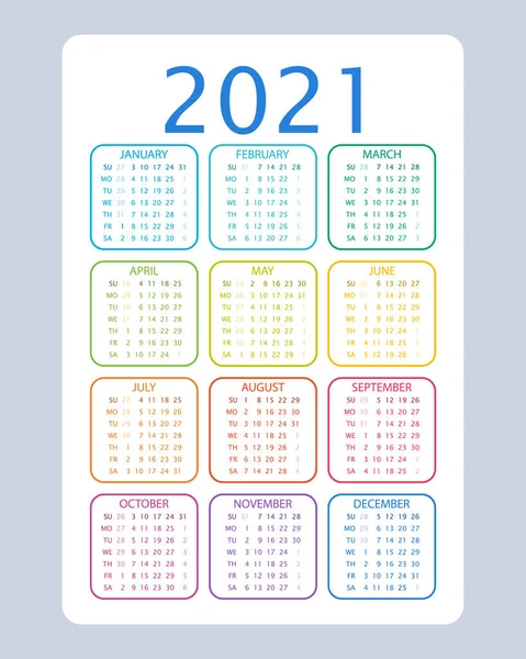 2021 Års Kalender Veckan Börjar Söndag Vitt Vektorillustration — Stock vektor