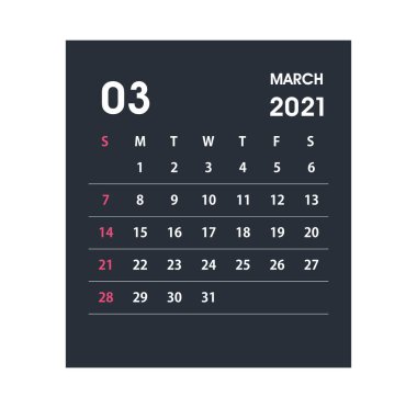 Mart 2021 Takvim Yaprağı. Takvim 2021 düz stilde. Vektör illüstrasyonu.