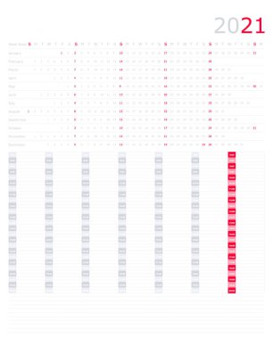 Yıl planlayıcısı ve zaman çizelgesi kolayca 2021 yazılabilir. Peyzaj düzeni. Notlar için boş alan. Vektör ofisi şablonu.