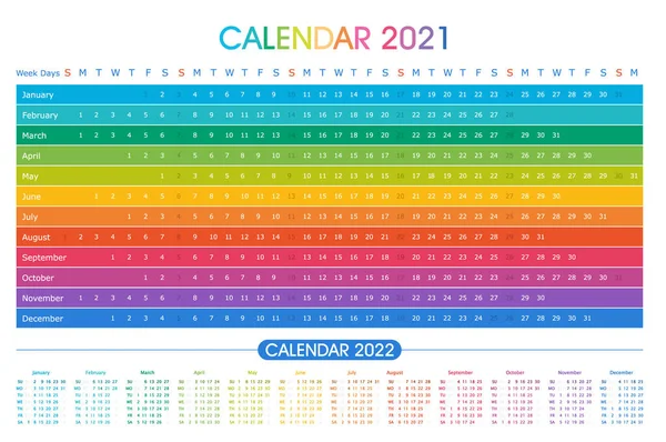 Kalenderår 2021 Horisontell Vektordesign Mall Regnbågsdesign Kalender För 2021 Vit — Stock vektor