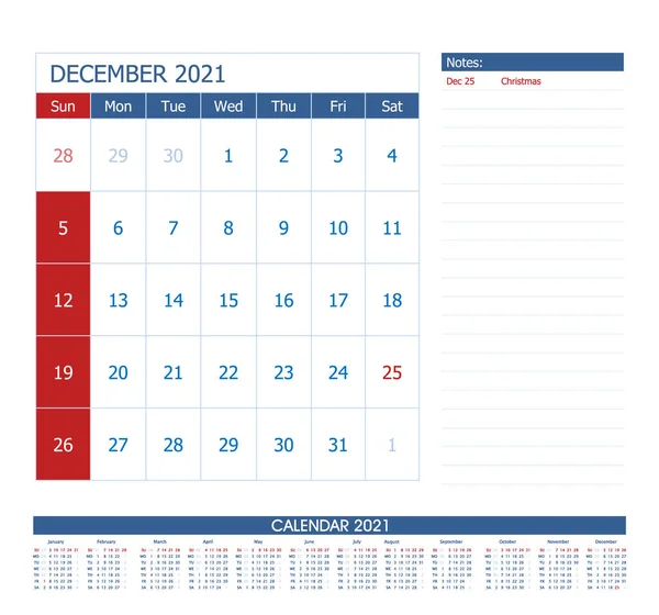 Diciembre 2021 Planificador Calendario Plantilla Vector Calendario Oficina — Vector de stock