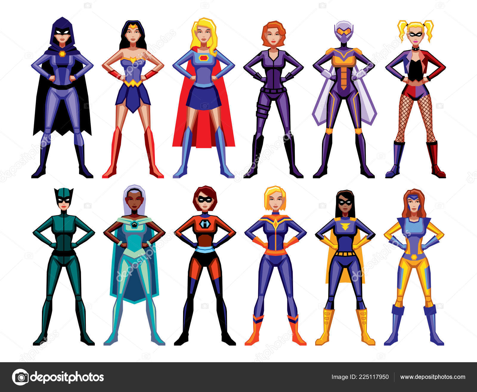 Vector Set Different Female Superheroes Isolated Stock Vector Image By