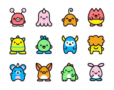 Vektör set karikatür sevimli karakter beyaz arka planda Izole