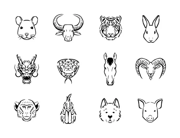 Vector Set Chinese Zodiac Icons Isolated White Background — Stock Vector