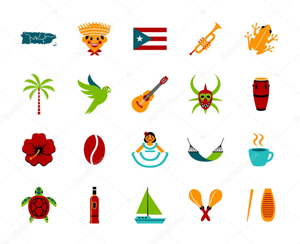 Vector Set Of Puerto Rico Icons Isolated On White Background