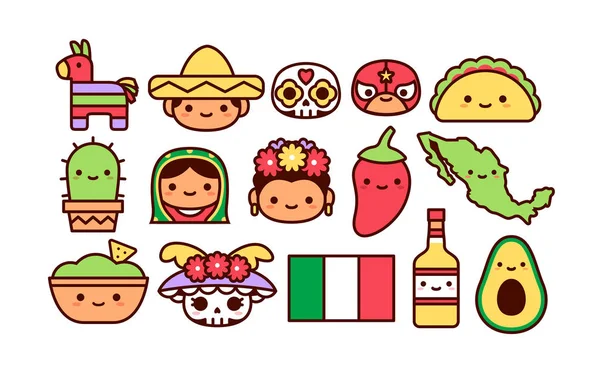 Vector Set Van Mexicaanse Cartoon Icons Geïsoleerd — Stockvector