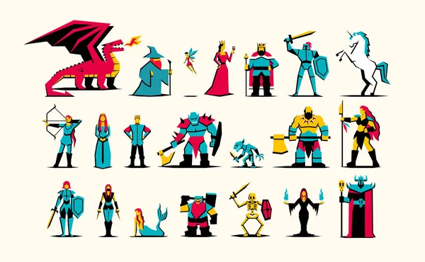 Conjunto Vectorial Personajes Fantasía Medieval Rpg Aislados — Vector de stock