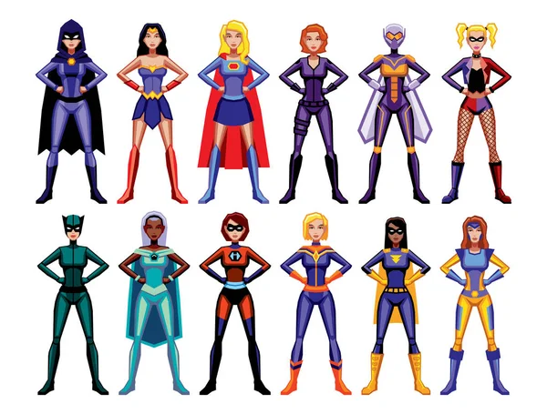 Conjunto de diferentes superhéroes femeninos aislados — Vector de stock