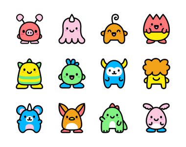 Beyaz arka planda Izole karikatür sevimli karakter seti