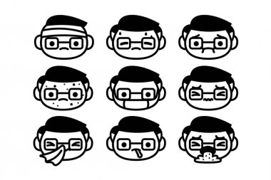 Beyaz arka planda Izole karikatür hasta karakterler seti