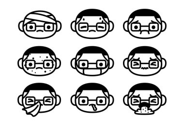 Beyaz arka planda Izole karikatür hasta karakterler seti