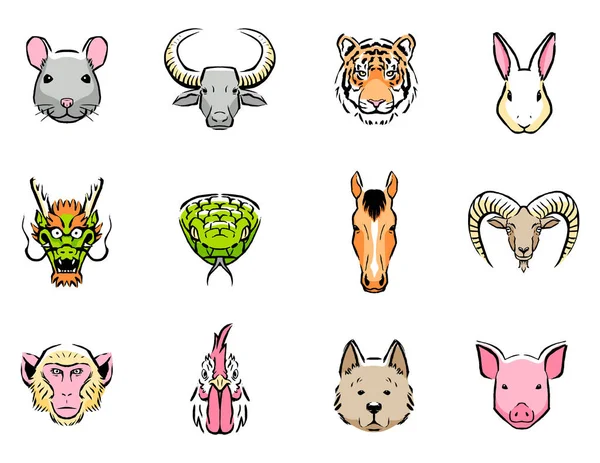 Set Of Chinese Zodiac Icons Isolated On White Background — Stock Vector