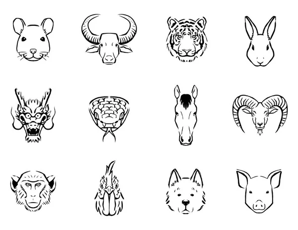 Conjunto de ícones do zodíaco chinês isolado em fundo branco —  Vetores de Stock