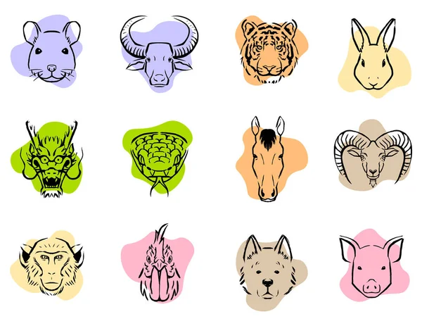 Set Of Chinese Zodiac Icons Isolated On White Background — Stock Vector