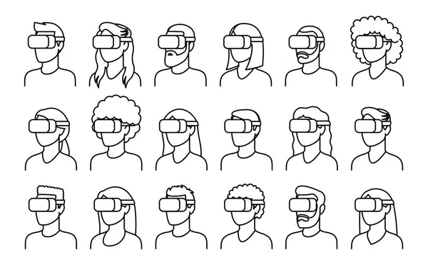 Set di caratteri vettoriali che utilizzano un dispositivo di realtà virtuale isolato — Vettoriale Stock