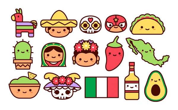Set van Mexicaanse cartoon iconen geïsoleerd — Stockvector