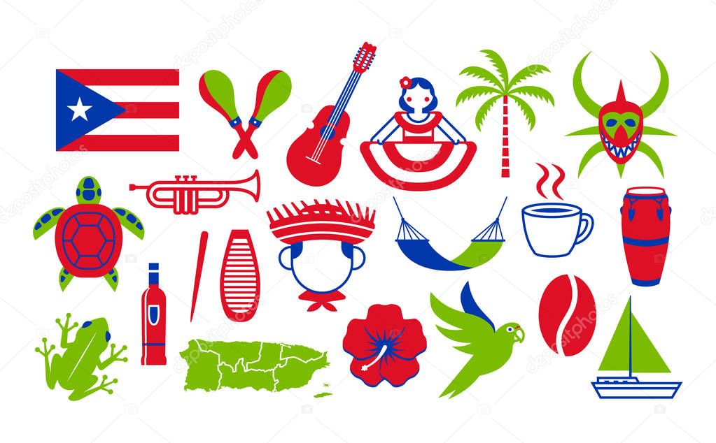 Vector Set Of Puerto Rico Icons Isolated On White Background