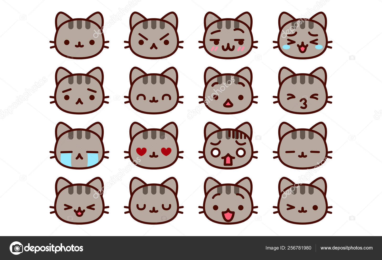 Set Of Cute Cartoon Cat Icons Isolated Stock Vector by