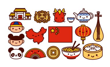 Çin karikatür simgeler Izole set