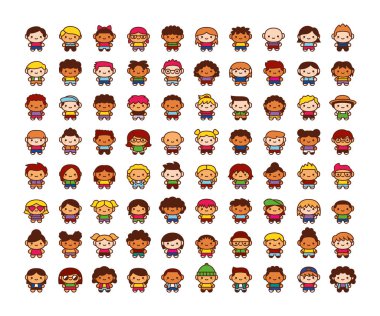 Beyaz arka planda Izole sevimli karakterler seti