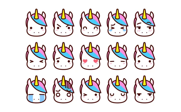 Set Of Cute Cartoon Unicorn Icons Terisolasi - Stok Vektor